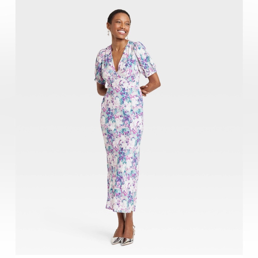 A new day pastel floral print puff sleeve midi dress medium